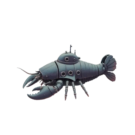 A 3D render of a steampunk lobster submarine, featuring metallic plating, portholes, and articulated claws, set against a whi