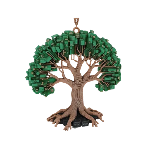 3D model of a Tree of Life sculpture with a trunk and roots made of brown material, and a canopy made of green circuit board