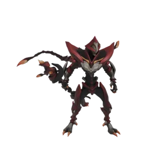 3D model of a red and black cybernetic warrior with a segmented tail, sharp claws, and detailed armor plating, standing in a