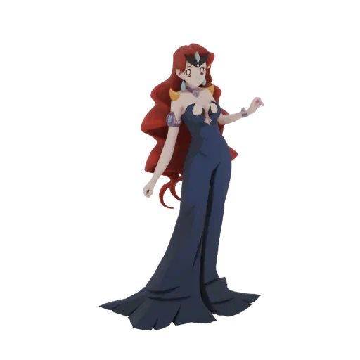 3D model of an elegant anime sorceress with long red hair, wearing a dark blue gown and a tiara, posed gracefully.