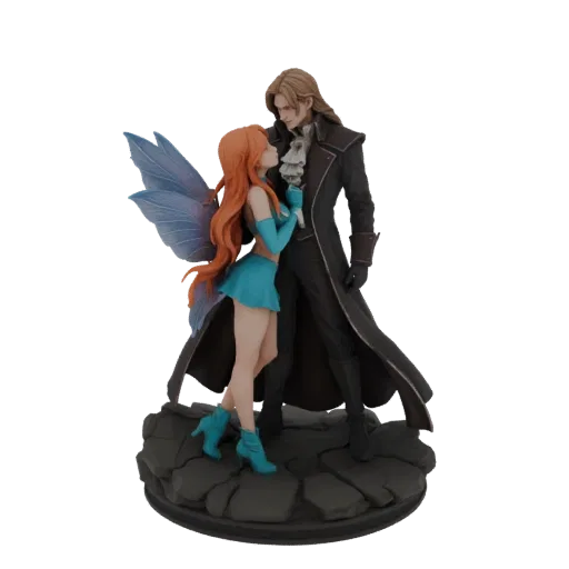3D model of a romantic embrace between a fairy with blue wings and a vampire in a dark coat, standing on a rocky base.
