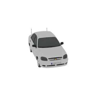 Un rendu 3D d'une berline blanche avec deux antennes et une plaque d'immatriculation, vu d'un angle légèrement surélevé avant