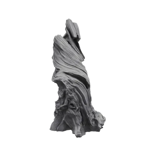 Un modello 3D dettagliato di un ceppo d'albero antico contorto e consumato dal tempo con intricate texture di venature del le