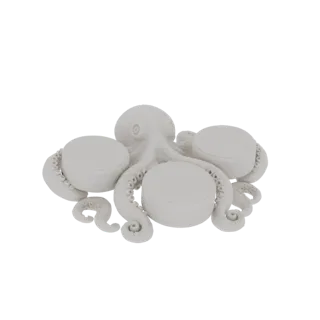 Una renderización 3D de una figura de pulpo blanco con tres vasos circulares integrados entre sus tentáculos, diseñada como b