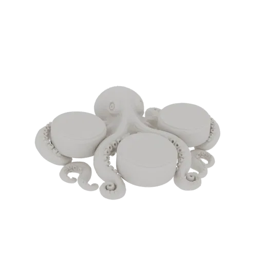 Una renderización 3D de una figura de pulpo blanco con tres vasos circulares integrados entre sus tentáculos, diseñada como b