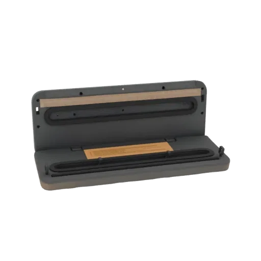 3D model of a vacuum sealer's sealing bar and gasket assembly, showing the grey bar, black gasket, and orange instruction lab