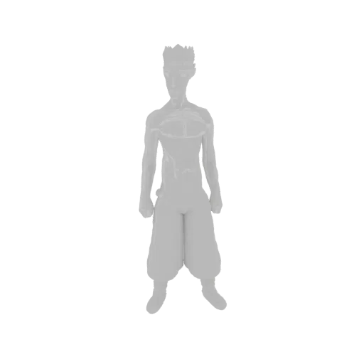 3D model render of a stylized anime warrior with a muscular build, wearing loose pants and a fitted top, standing in a neutral pose.