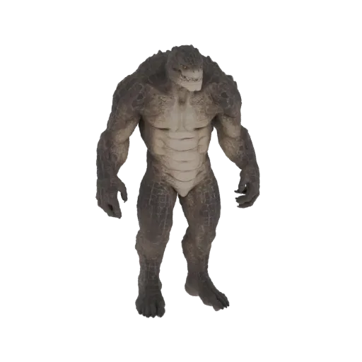 Uma renderização 3D de um personagem humanoide jacaré musculoso em pé com os braços ao lado do corpo, mostrando escamas detal