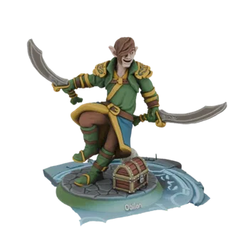 3D model of an agile elf rogue with pointed ears, holding two curved scimitars and standing over a treasure chest on a scenic