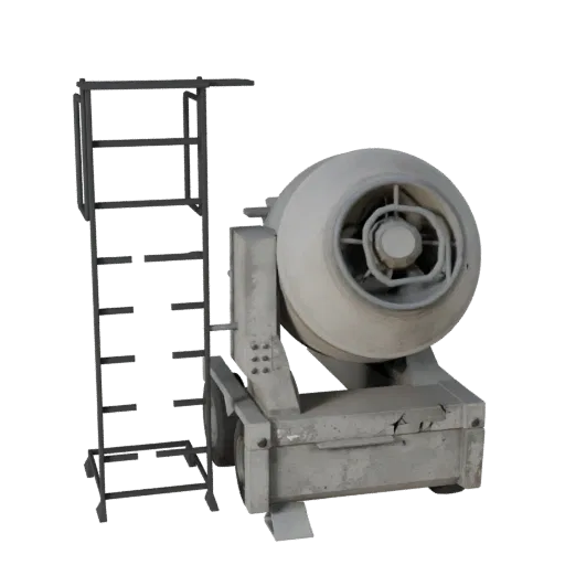 Heavy Duty Concrete Mixer Stylized 3D model, stylized isometric render, showing concrete, site-ready silhouettes.