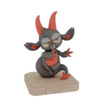 3D-Modell der Figur Fwench Fwy Evil (Chikon Nuggit), eine kleine graue Kreatur mit roten Hörnern und grimmigem Ausdruck, steh