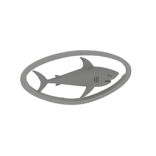 3D-Modell-Rendering eines grauen, aggressiven Haifischs, der in einem grauen ovalen Emblem auf weißem Hintergrund schwimmt.