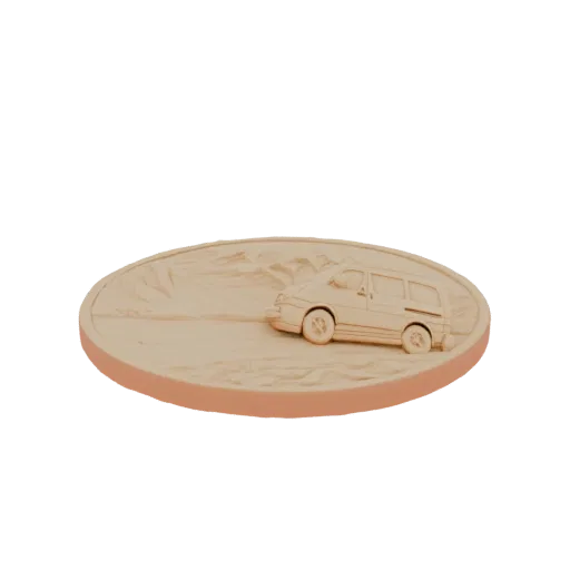 3D-Modell eines Oldtimer-Wohnmobils auf einer texturierten, welligen Geländebasis, in hellbeigem Material gerendert.