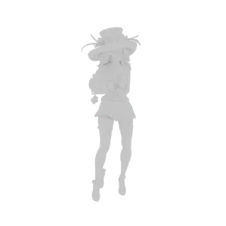 3D model of a Steampunk lady wearing a top hat, ruffled dress, and thigh-high stockings, posed elegantly against a white back