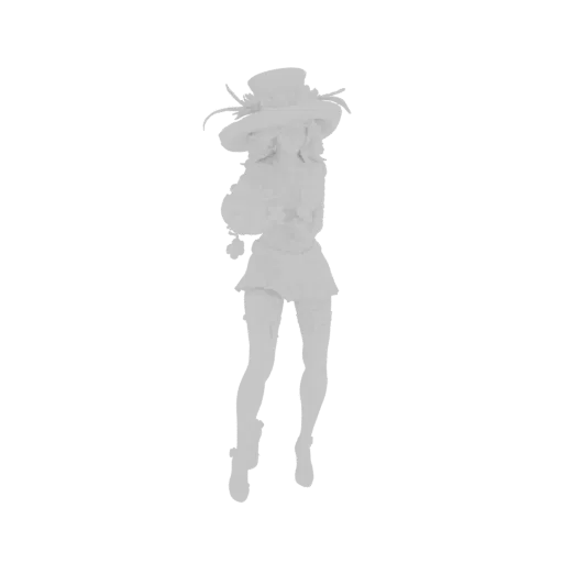 3D model of a Steampunk lady wearing a top hat, ruffled dress, and thigh-high stockings, posed elegantly against a white back