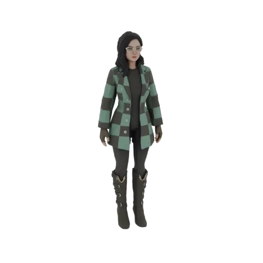 3D model of a woman wearing a green and gray plaid coat, dark top, leggings, and buckle boots, standing against a white backg