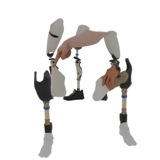 3D model of a prosthetic leg assembly with two human hands interacting with its components, showcasing detailed mechanical pa