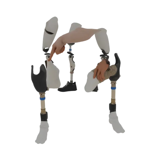 3D model of a prosthetic leg assembly with two human hands interacting with its components, showcasing detailed mechanical pa