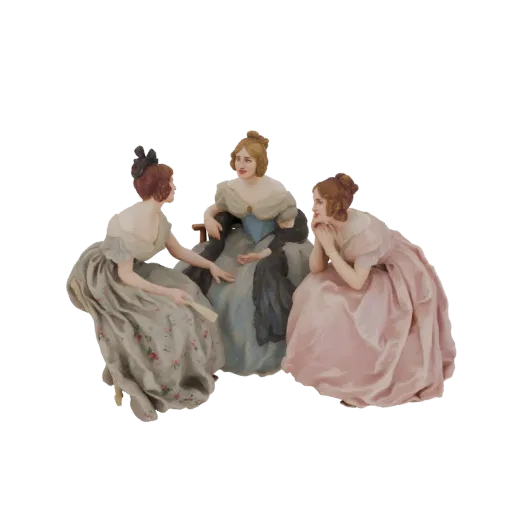 3D model of three Victorian ladies in elegant dresses, seated and conversing, with one holding a fan.