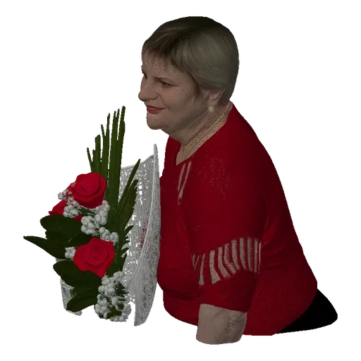 3D model of a smiling woman with short blonde hair, wearing a red top, holding a bouquet of red roses and white flowers.