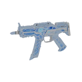3D model of a crystal submachine gun with blue swirls inside, sharp facets, and a transparent body.