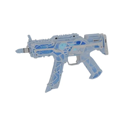 3D model of a crystal submachine gun with blue swirls inside, sharp facets, and a transparent body.