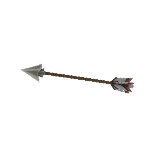 A 3D render of a medieval arrow with a metallic arrowhead, textured wooden shaft, and red, white, and black fletching, pointi