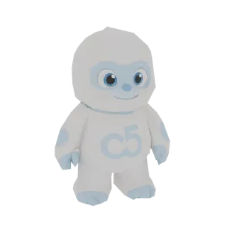Ein 3D-Render des C5-Maskottchens, eine weiße, plüschige Figur mit blauen Akzenten und einem 'c5'-Logo auf der Brust, vor wei