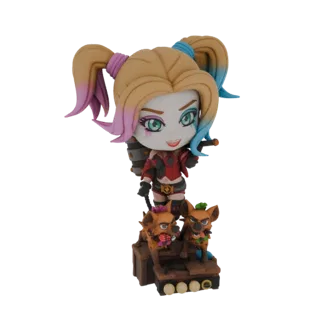 3D model of a chibi Harley Quinn character with two hyenas on a wooden base, rendered against a white background.