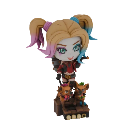 3D model of a chibi Harley Quinn character with two hyenas on a wooden base, rendered against a white background.