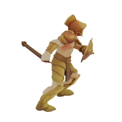 3D model of a golden gladiator in a dynamic pose, holding a shield and spear, with a black background.