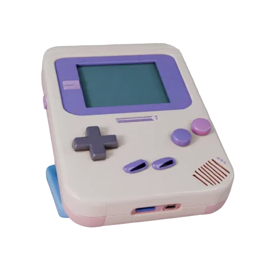Retro Handheld Console Stylized 3D model, stylized isometric render, showing matte plastic, console proportions.