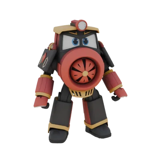 Modelo 3D de un personaje tren robótico con turbina roja en el pecho, cuerpo negro y dorado, y ojos azules, de pie sobre un f
