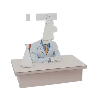 3D model of a cartoon scientist with a large nose, wearing a lab coat and sitting at a desk with a flask.