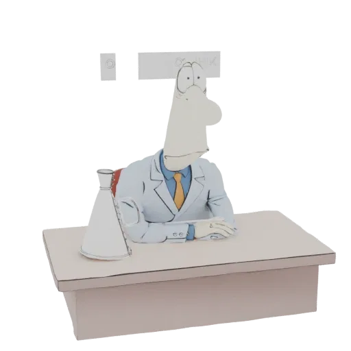 3D model of a cartoon scientist with a large nose, wearing a lab coat and sitting at a desk with a flask.