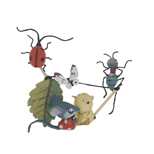 3D model of a whimsical woodland scene with a mouse, owl, ladybug, butterfly, and ant on a leaf and branch.