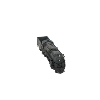 Modelo 3D de una locomotora de vapor antigua y oscura con su ténder, vista desde un ángulo ligeramente elevado.