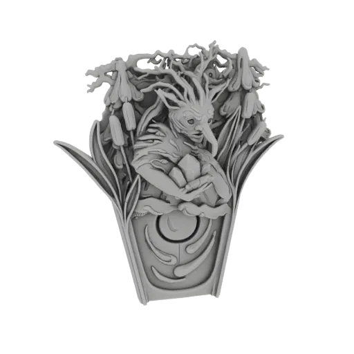 Modello 3D di un folletto fantasy del bosco con capelli fogliosi, che tiene un cristallo, circondato da giunchi e fiori, su u