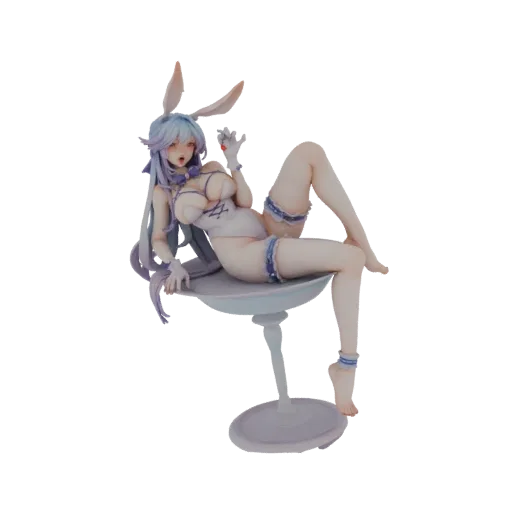 3D model of a bunny girl with blue hair and bunny ears, wearing a white outfit, posing on a light purple table.