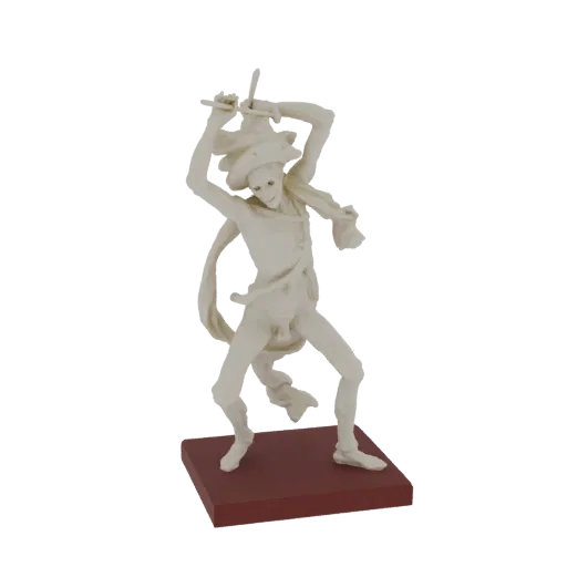 3D model of a jester figure in a dynamic pose, holding two swords aloft, standing on a red base.