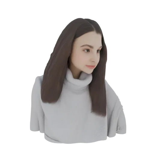 3D model of a young woman with long brown hair wearing a gray turtleneck sweater, looking to the side with a gentle expressio