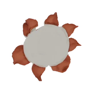 Renderização 3D de uma flor estilizada com proeminentes pétalas marrons e um suave centro cinza, sobre um fundo branco.