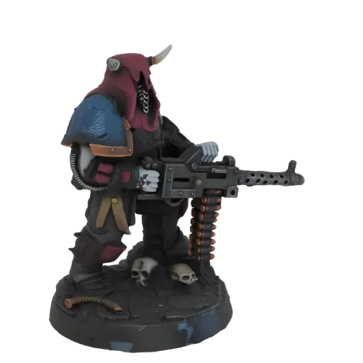 3D model of a Grim Reaper figure in dark armor, holding a heavy machine gun, with skulls on its base.