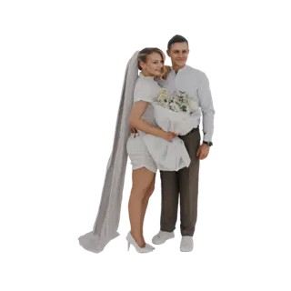 Modèle 3D d'une mariée souriante dans une courte robe blanche et un voile, et d'un marié en chemise blanche, s'embrassant et