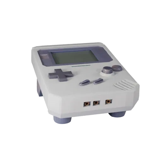 Retro Handheld Console Low Poly 3D model, game viewport three-quarter view, showing matte plastic, console proportions.