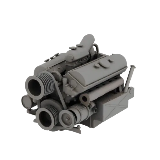 Modelo 3D de un bloque de motor V8 gris con poleas visibles y un sistema de correas serpentinas sobre fondo negro.