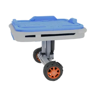 3D model of a medical trolley with a blue pad, gray body, and large wheels with orange rims