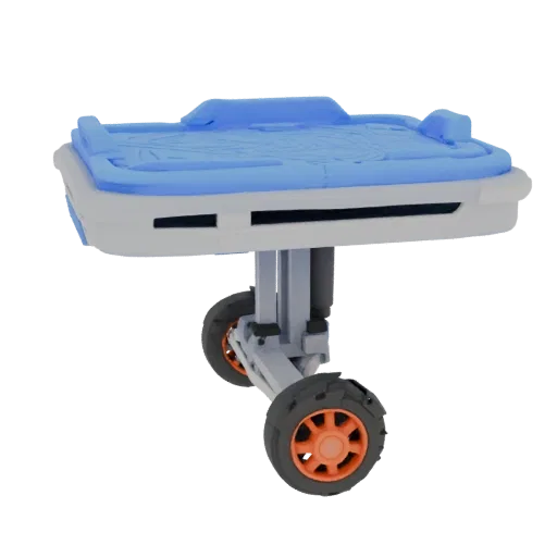 3D model of a medical trolley with a blue pad, gray body, and large wheels with orange rims