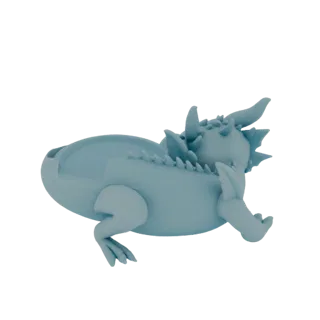 Modèle 3D d'un mignon bébé dragon lové, conçu comme un pot de fleurs, avec une finition mate bleu clair.