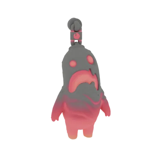 Modelo 3D de um amuleto estilizado parecido com um fantasma com olhos rosa brilhantes e um núcleo vermelho derretido, apresen